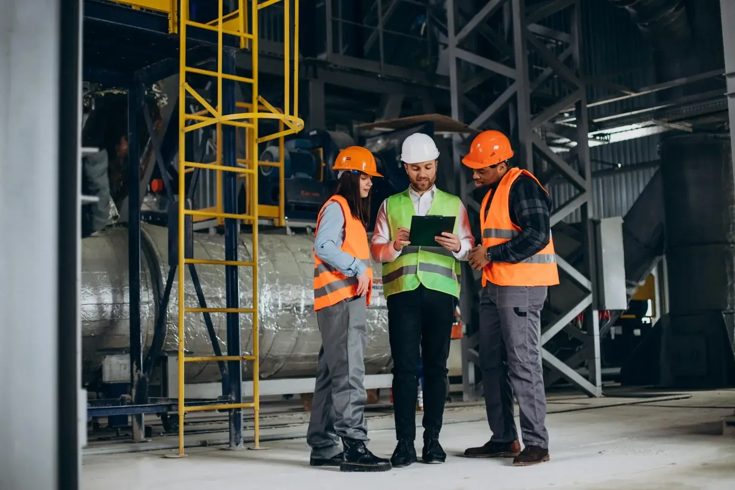 Drie inspecteurs overleggen in een industriële ruimte