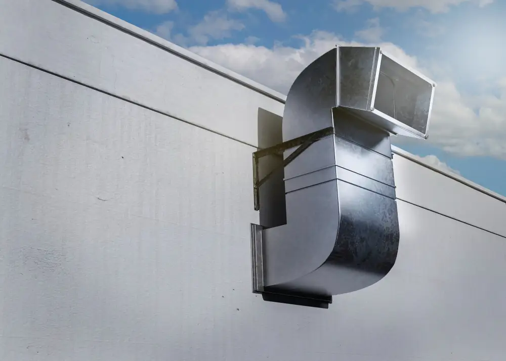Metalen afzuigkanaal langs de buitengevel van een gebouw