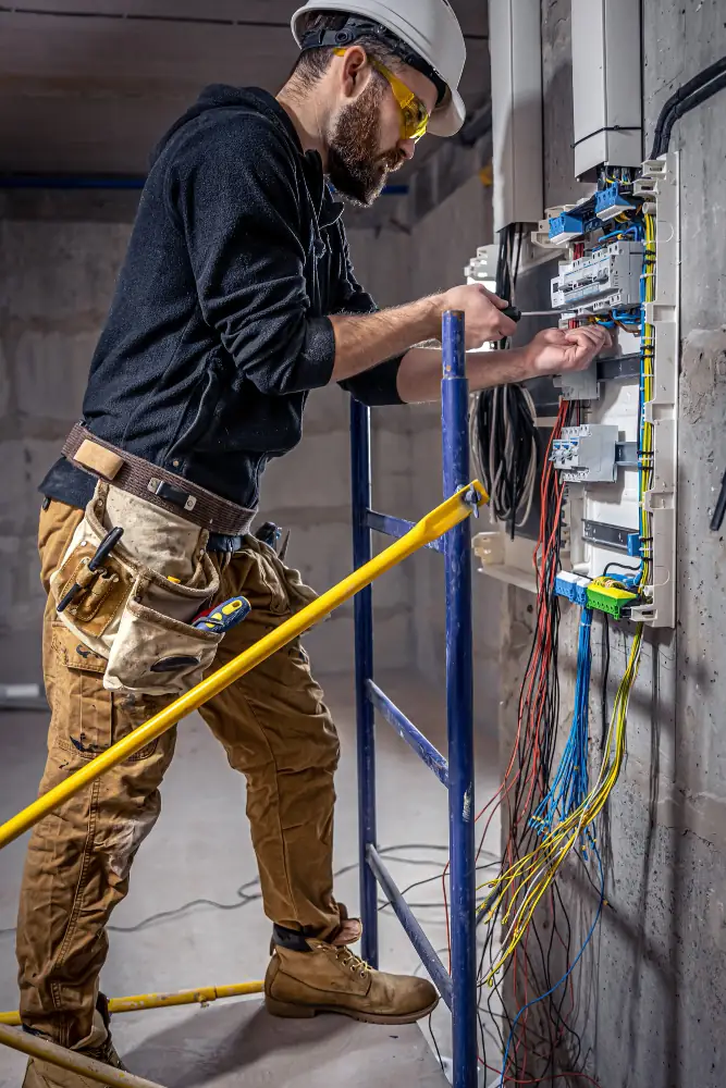 Monteur op een ladder bij een elektrische installatie