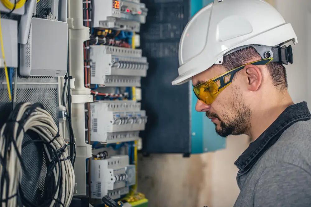 Technicus met veiligheidsbril bij een elektrische verdeelkast