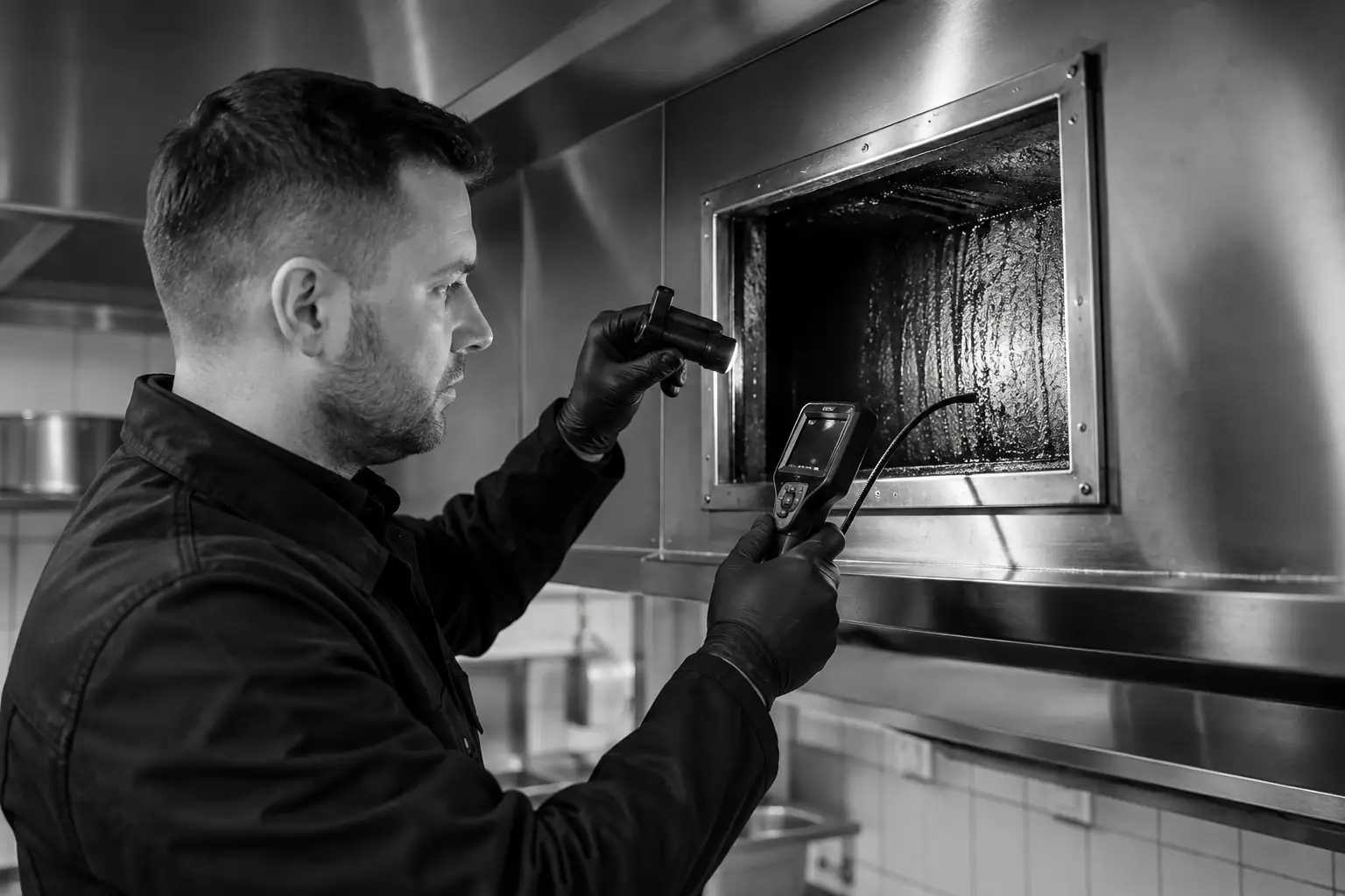 Camera-inspectie van een keukenafzuigkanaal