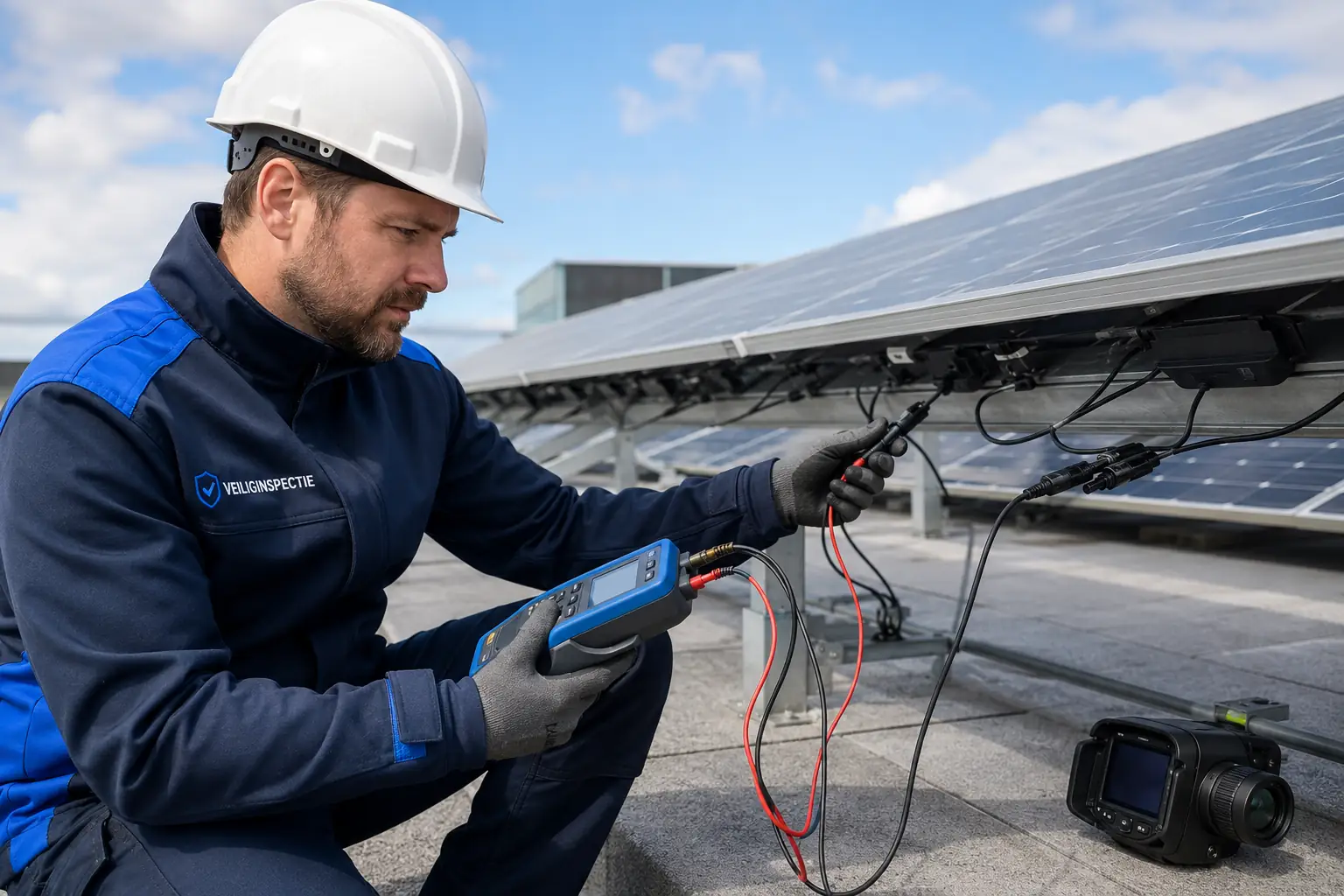 Controle van kabels onder zonnepanelen met een meetapparaat