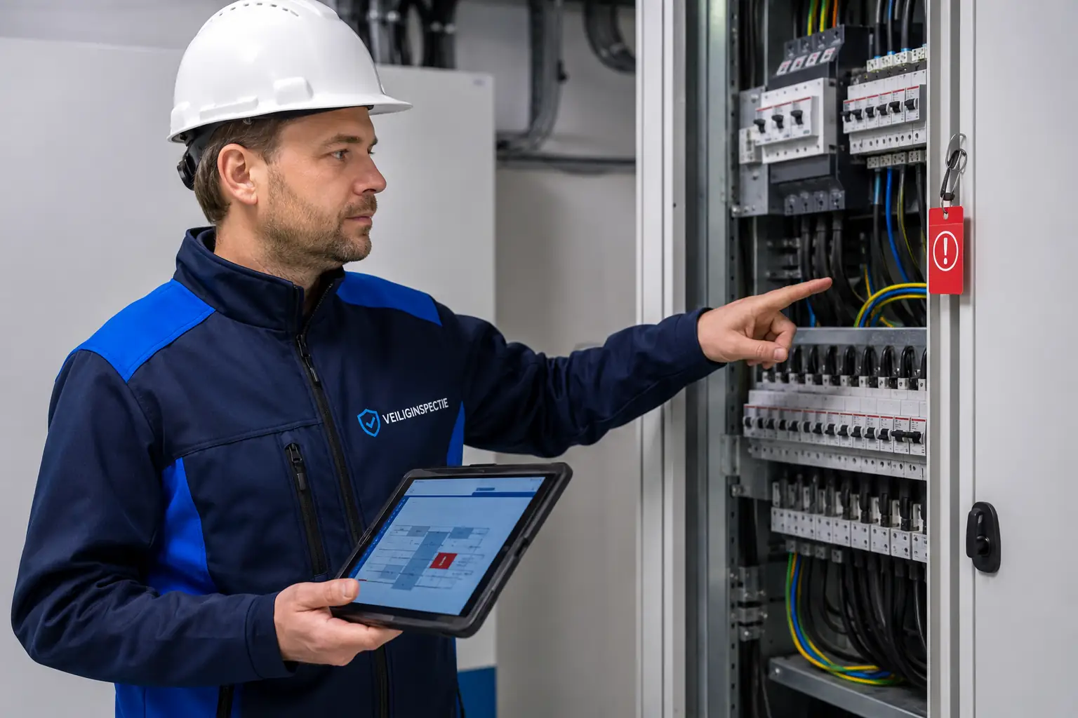 Inspecteur controleert onderdelen in een elektrische verdeelkast