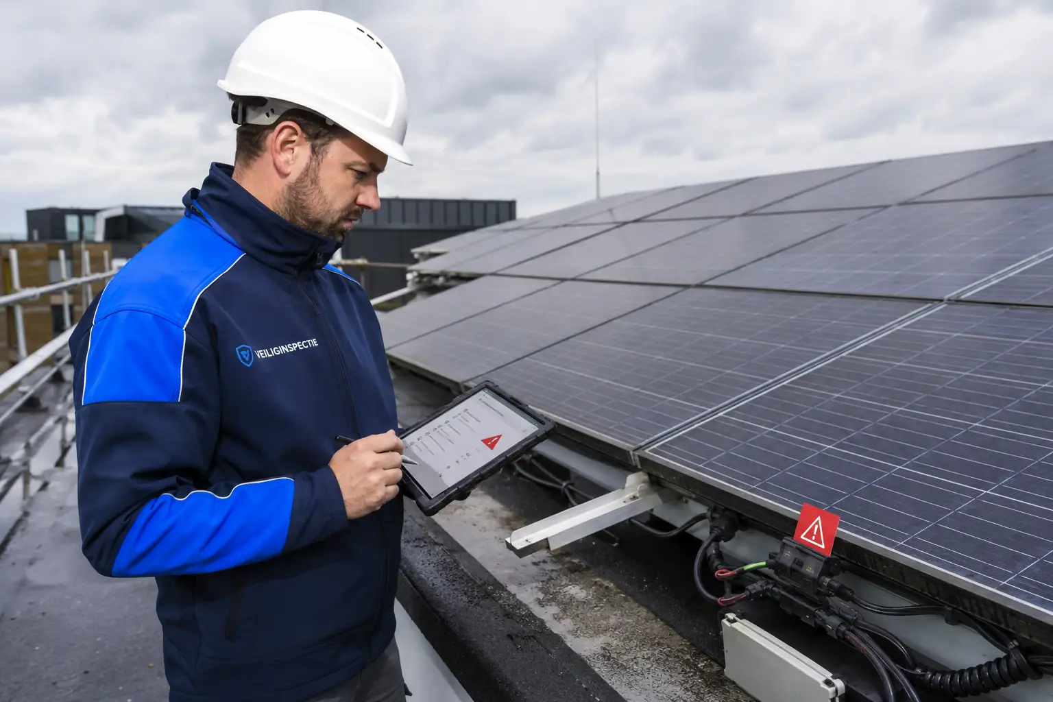 Inspecteur controleert zonnepanelen op een plat dak