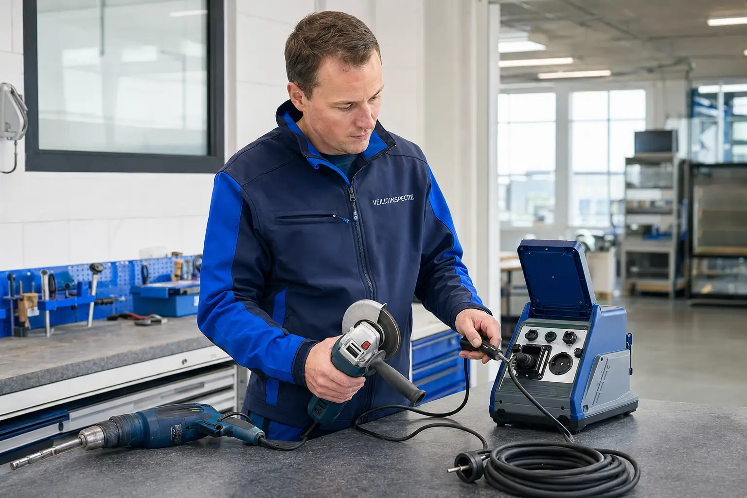 Inspecteur meet een elektrisch apparaat op een werkbank