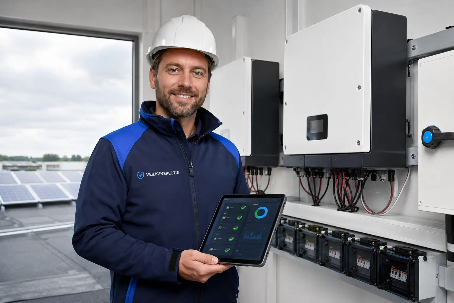 Inspecteur met tablet naast omvormers van een zonnepaneelinstallatie