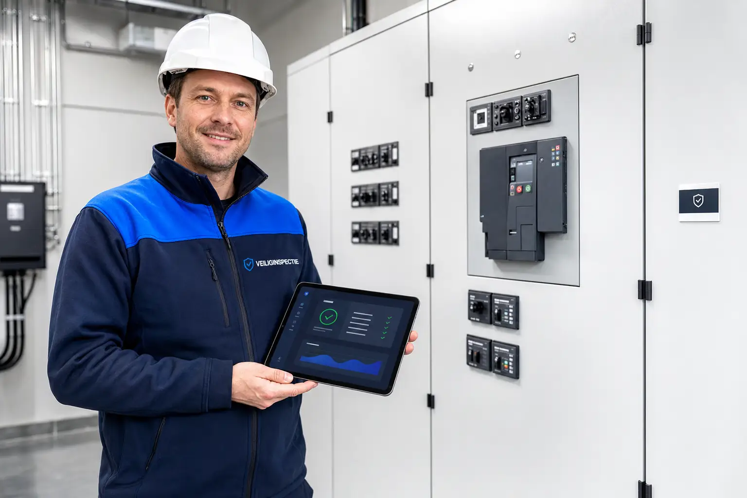 Inspecteur met tablet voor elektrische schakelkasten