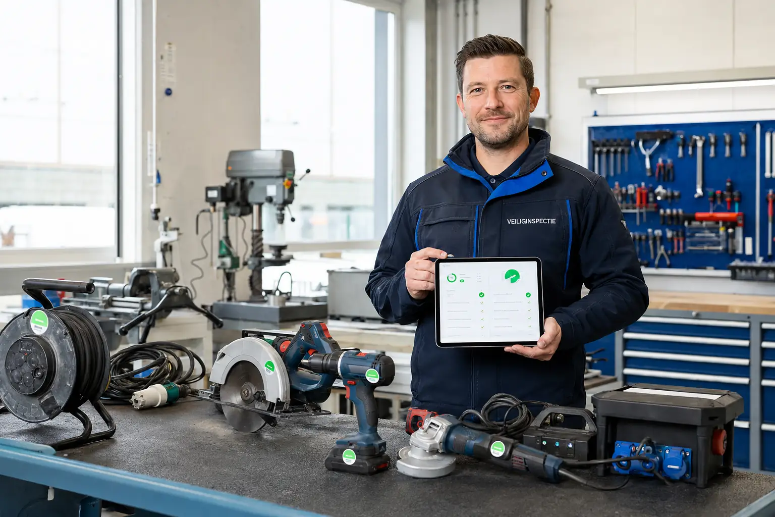 Inspecteur toont een meetrapport bij elektrisch gereedschap