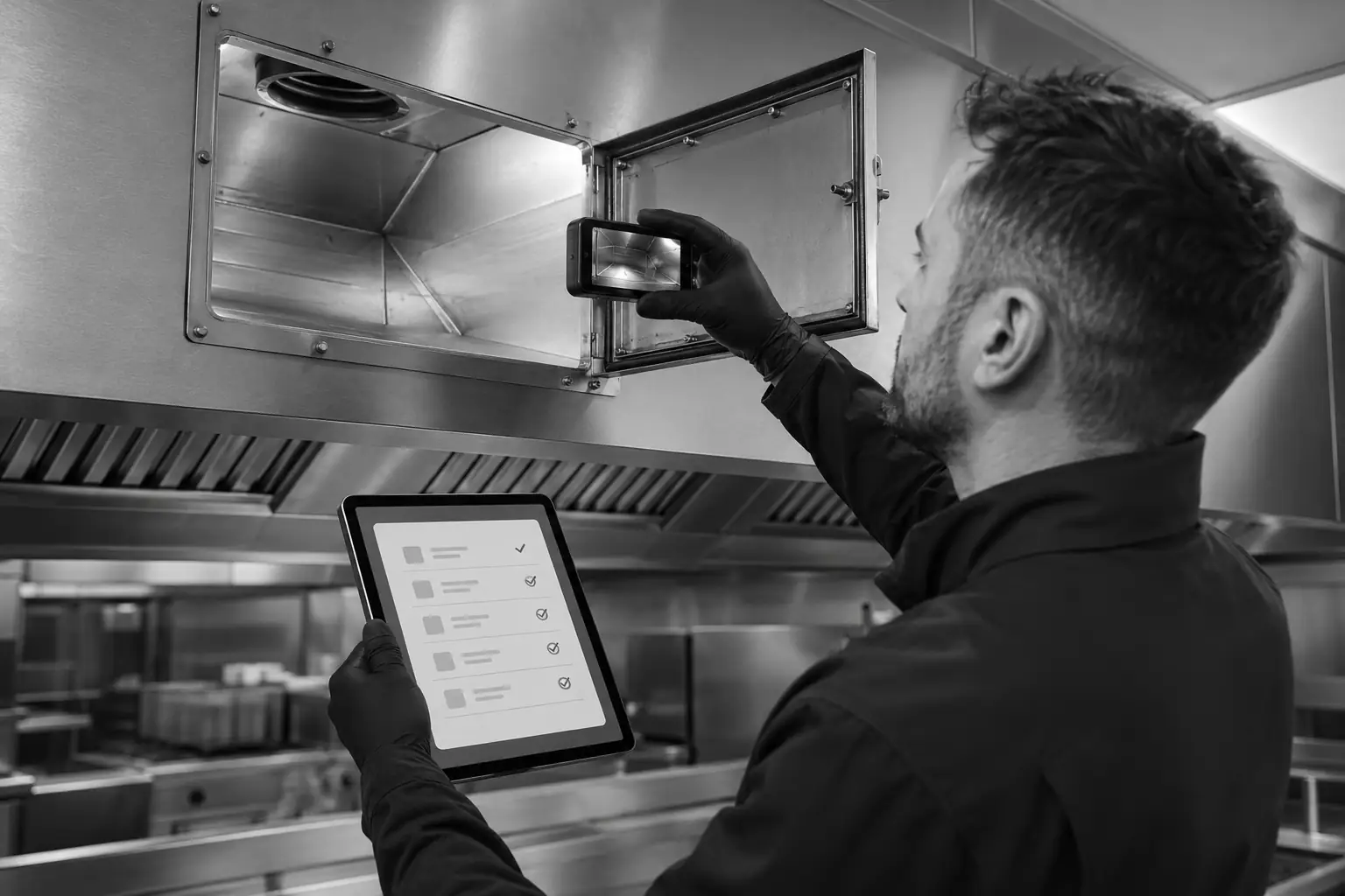 Meting in een keukenafzuigkanaal met tablet en meetapparaat